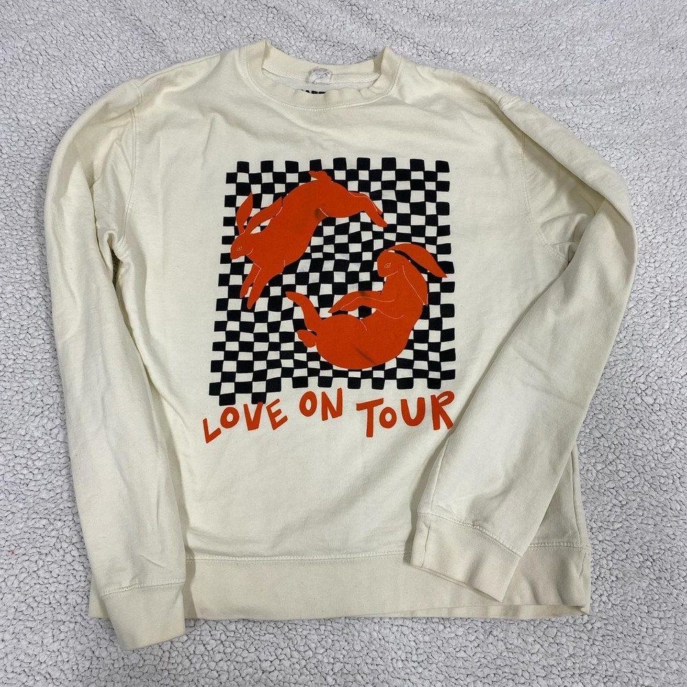 Harry Styles Love On Tour Rabbit Checkered Crewneck Sweatshirt Cream Mens Small